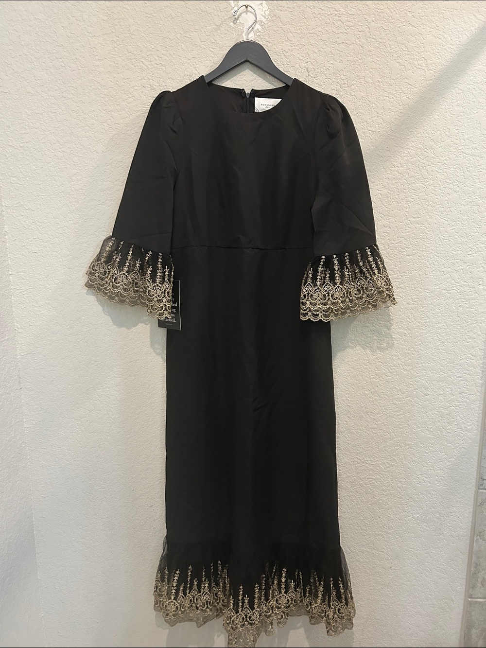 Pomander Place Tuckernuck Black Midi Dress with Gold Lace Trim
